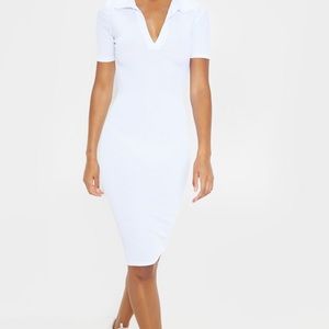 White Ribbed Midi Polo Dress